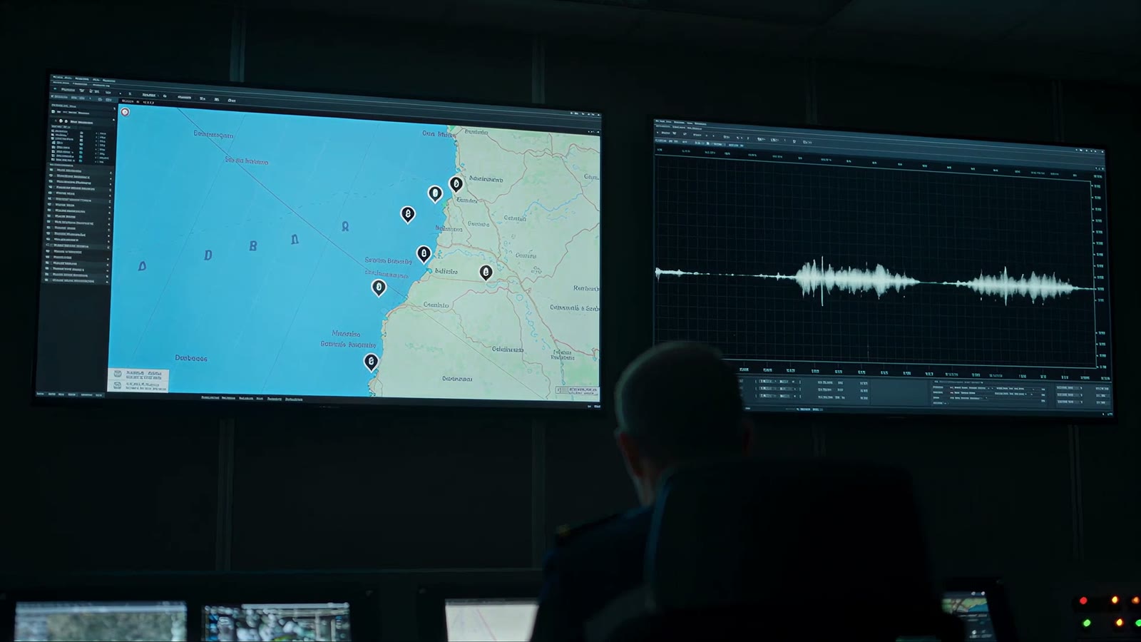 The control room: a chart with the drone positions on one screen, an acoustic waveform on the other